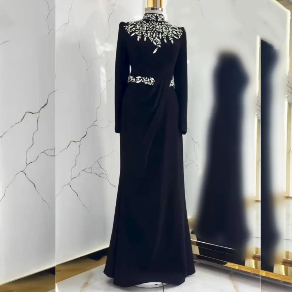 

Customized Jersey Rhinestone Pleat Classic High Collar Long Dresses Bespoke Occasion Women Luxury Evening Elegant Party Wedding