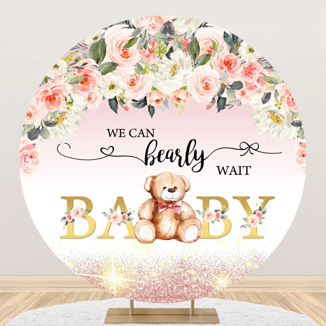 Cartoon Bear Round Backdrop Cover Pink Blue Hot Air Balloons Baby Shower Birthday Party Circle Photography Background Decoration