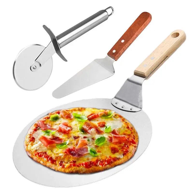 Pizza Peel 3pcs Pizza Shovel Baking Tools Set Pizza Oven Tools Pizza Rocker Cutter With Wooden Handle Pizza Accessories For