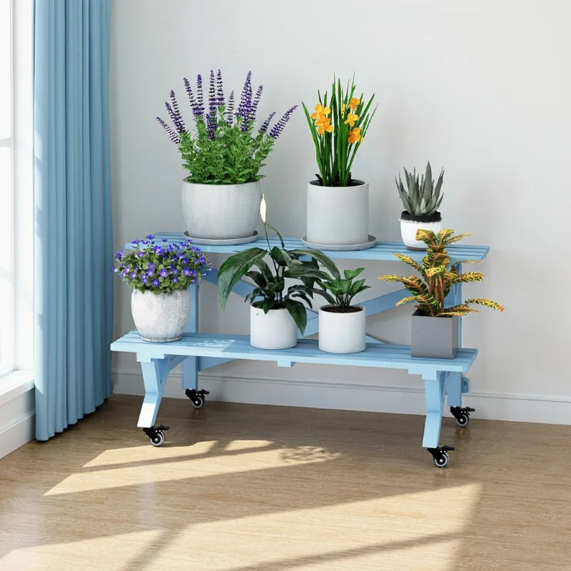Stepped two-layer retro blue solid wood flower stand Balcony courtyard Outdoor waterproof and anti-corrosion floor-to-ceiling fl