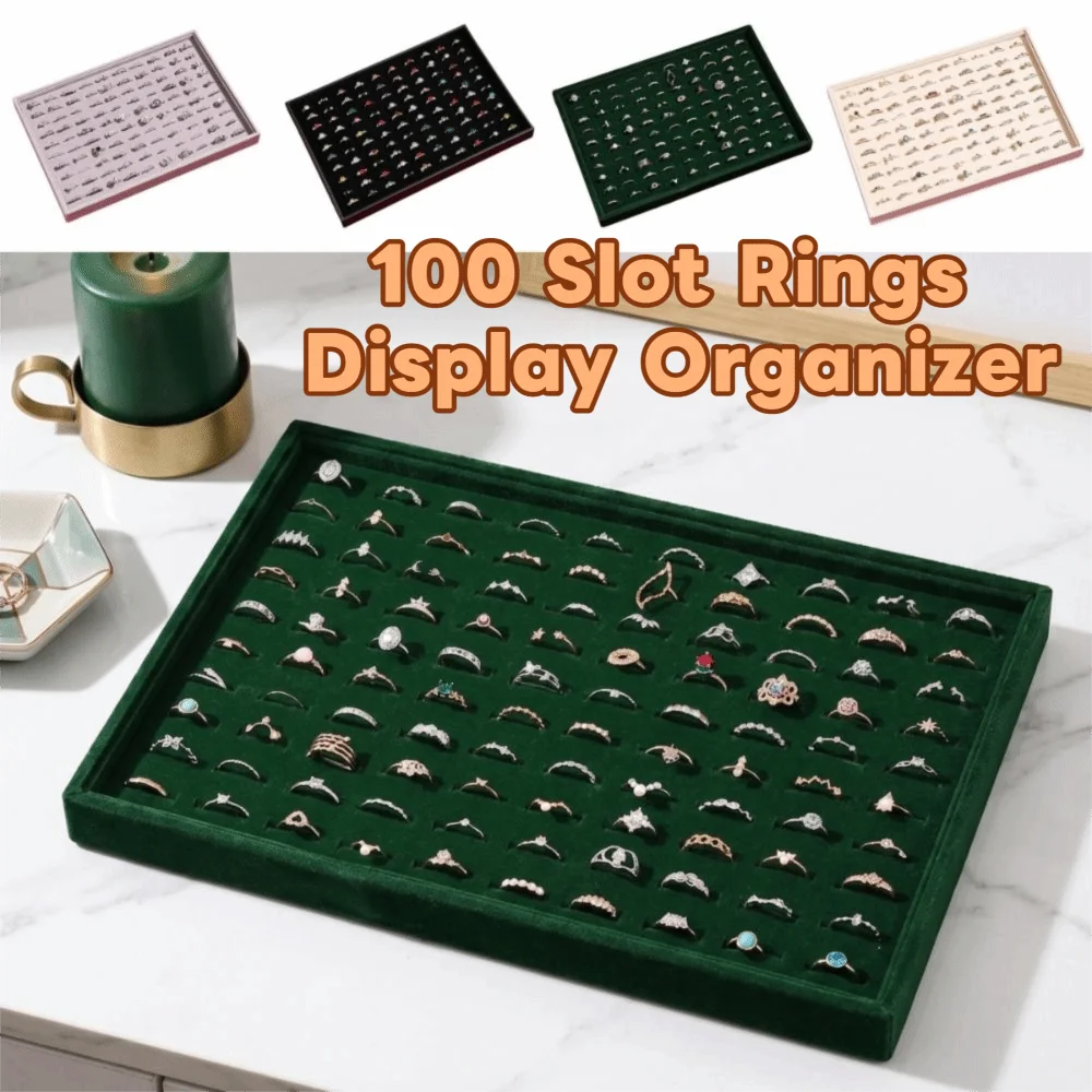 100 Slot Rings Display Organizer Flat Bottom Anti-slip Wood Velvet Jewelry Pallet Space Saving Stackable Jewelry Display Tray