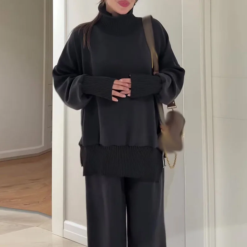 Outono inverno solto de malha duas peças conjunto simples cor sólida manga longa roupa casual feminino elegante bolso calças retas terno