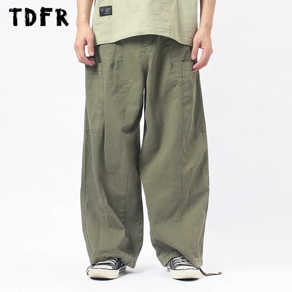 Multi-Pocket Cargo Pants Mens Safari Style Solid Color Casual Pants Loose Drawstring Wide Leg Pants Men Trousers