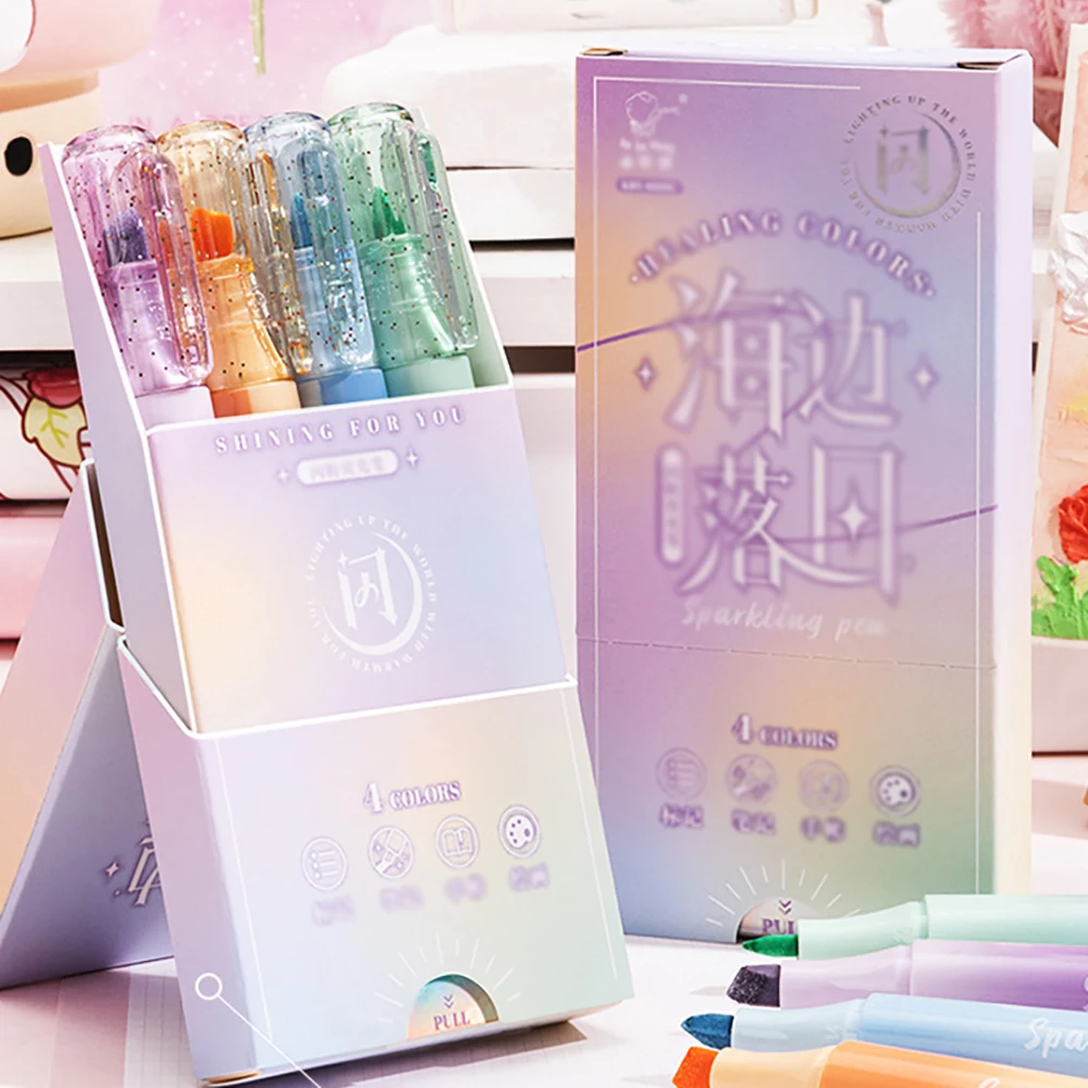

4 colors Sparkling powder highlighter pen, high-value highlight pen, fluorescent hand account pen