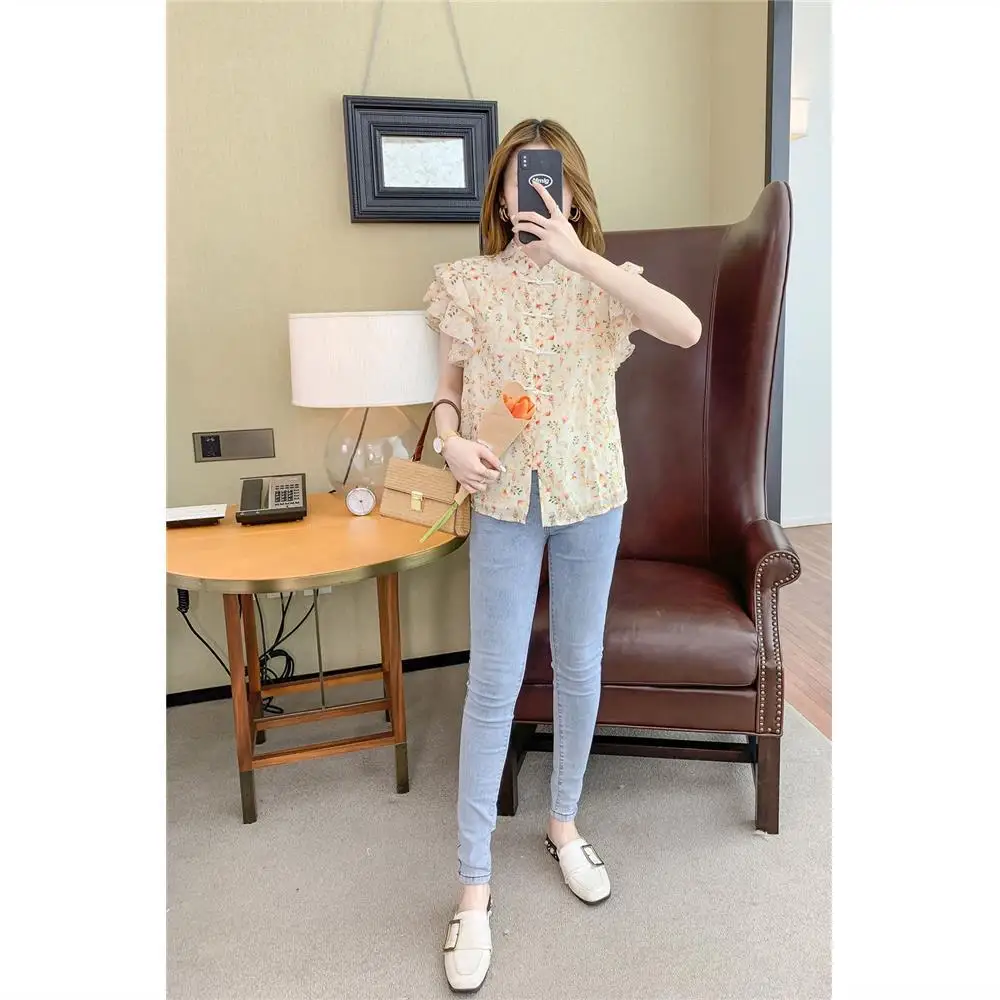 New Women's Fashionable and Elegant Printed Chiffon Shirt Top Buckle Floral Chiffon Small Fragrance Style