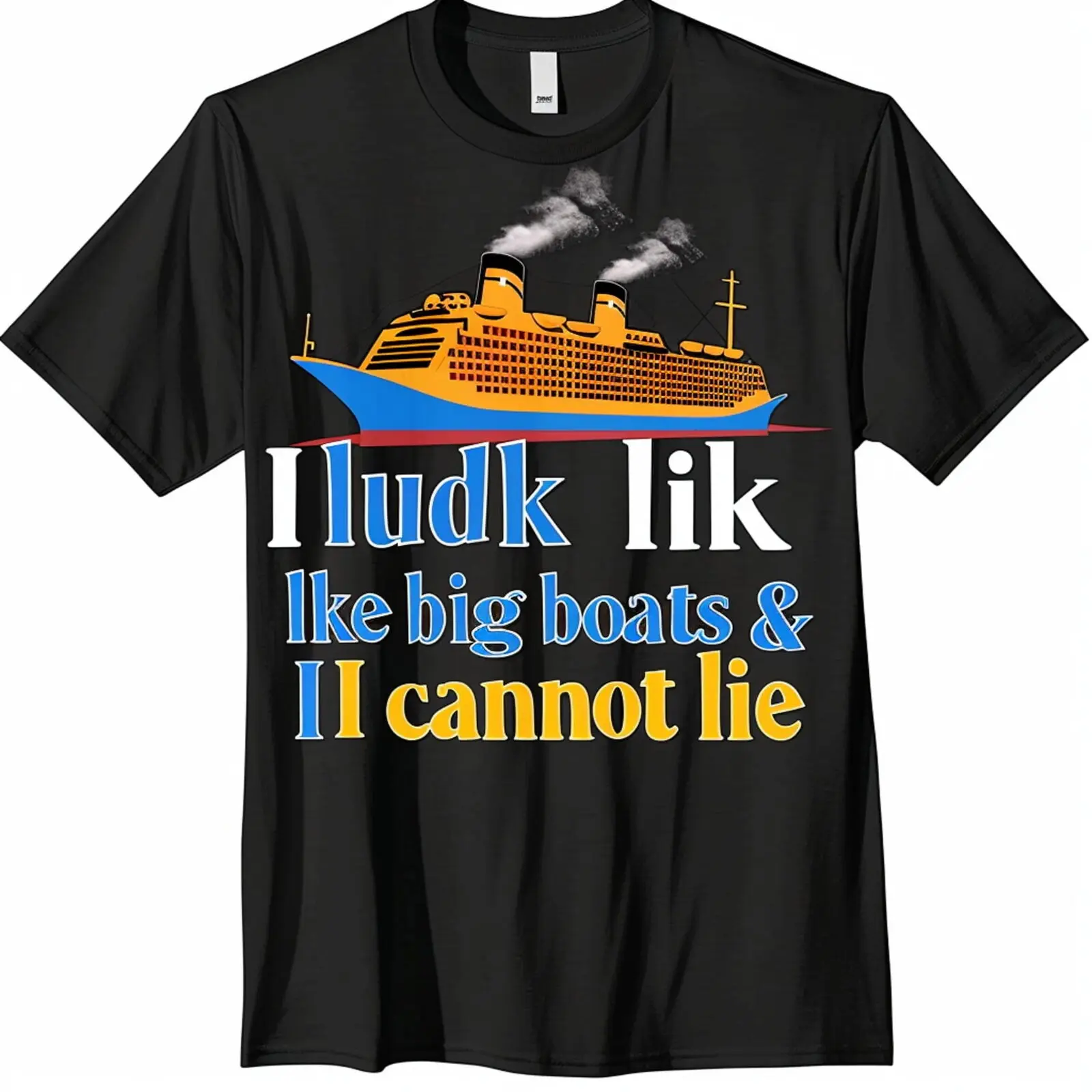 

Fun Cruise Ship Graphic Tee Playful Design Black Shirt with Humorous