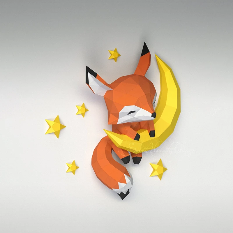 3D Paper Model Handmade Moon Fox Home Decor Wall Decoration Papercraft DIY Puzzles Educational Toys For Kids Gifts