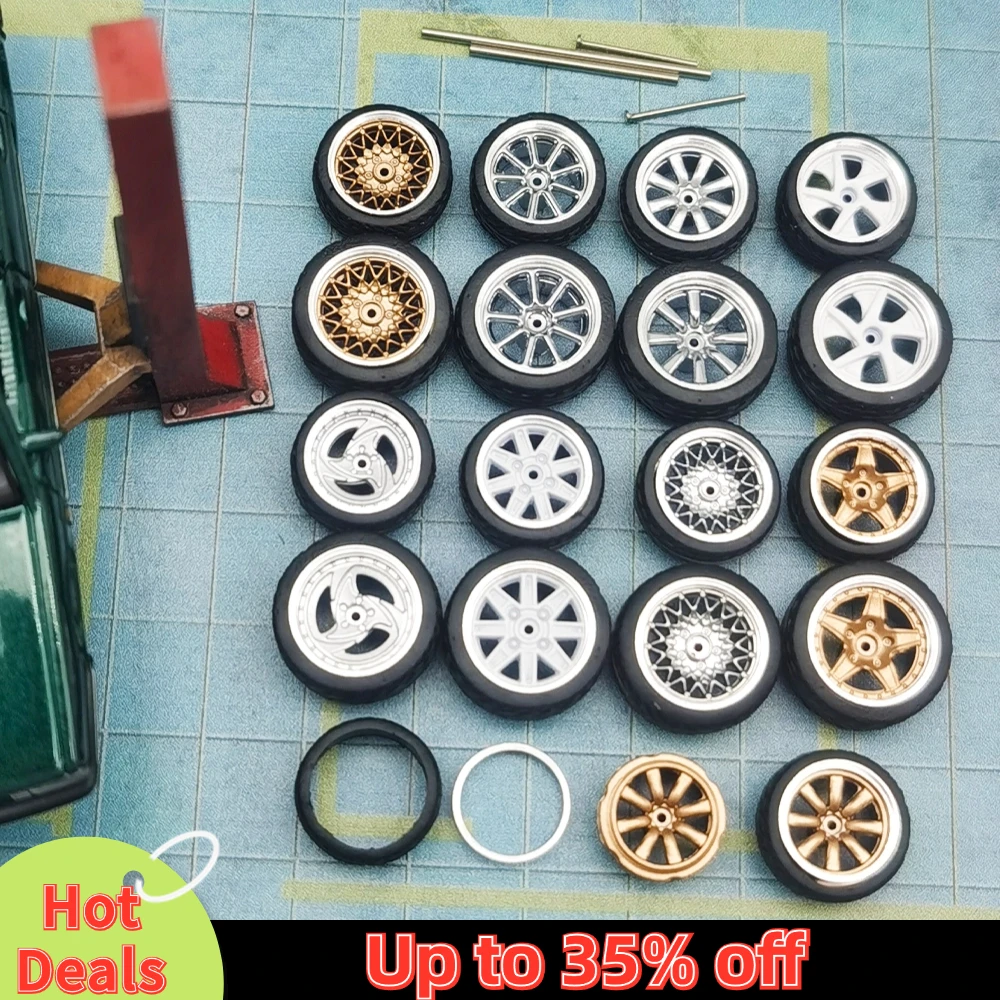 Kicarmod 1/64 Model Car ABS Wheels with Rubber Tire Metal Rims Front Small Rear Large Refitting Parts For Model Car Hot Wheels