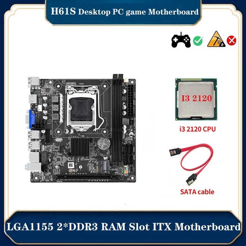 H61S (H61) LGA1155 Motherboard +I3 2120 CPU+SATA Cable Kit Support 2XDDR3 RAM Slot NVME M.2 Port+WIFI Port USB2.0 SATA2.0