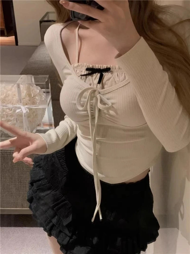 

QWEEK Coquette Y2k Kawaii Cute Sexy Slim Knit Crop Tops Women Sweet Girls Soft Korean Fashion T-shirt 2024 Spring Summer Fashion