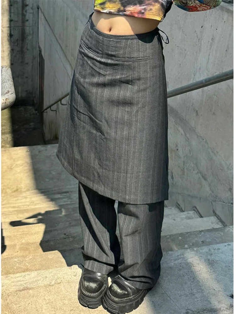 

Retro striped fart curtain casual pants women's autumn lazy style design sense fake two-piece straight leg suit pants