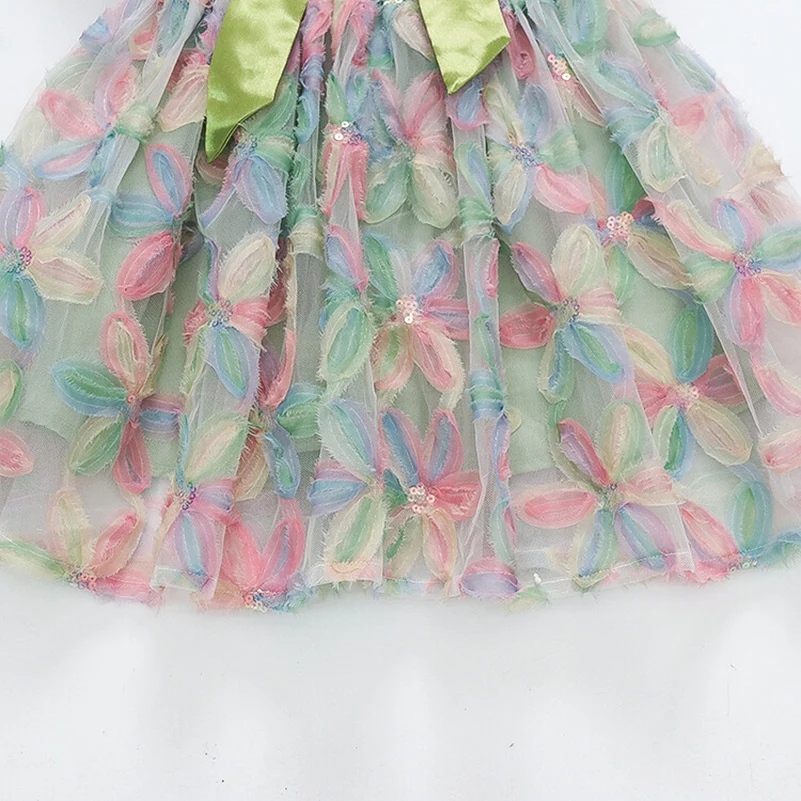 Spring and Autumn Girls Children\'s Fashion Dress Green Bow Print/Round Neck Mesh Princess Dress Children\'s Clothing 1-7 Years