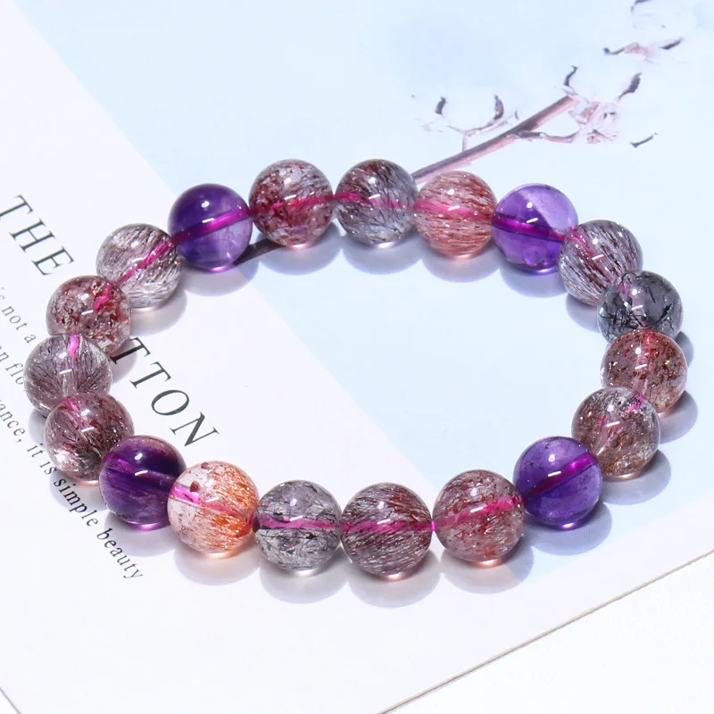 Natural Super Seven Crystal Bracelet Purple Hair Crystal Super Seven Or Three Rounds Backbone Super7Bracelet Creme Cassis G. B G