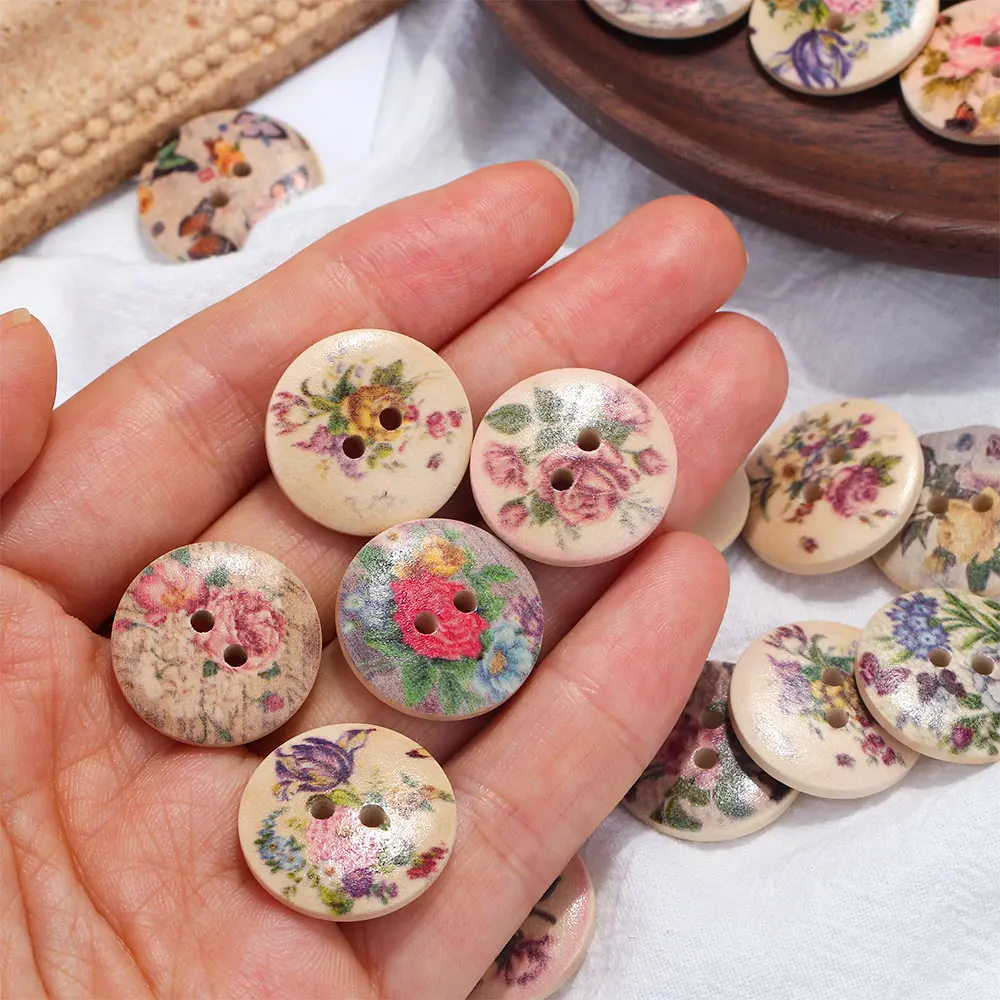 20/50 Pcs/pack 20mm Retro Round Wood Mixed Two Holes Buttons Flower Printed Pattern Button Sewing DIY Craft Decor