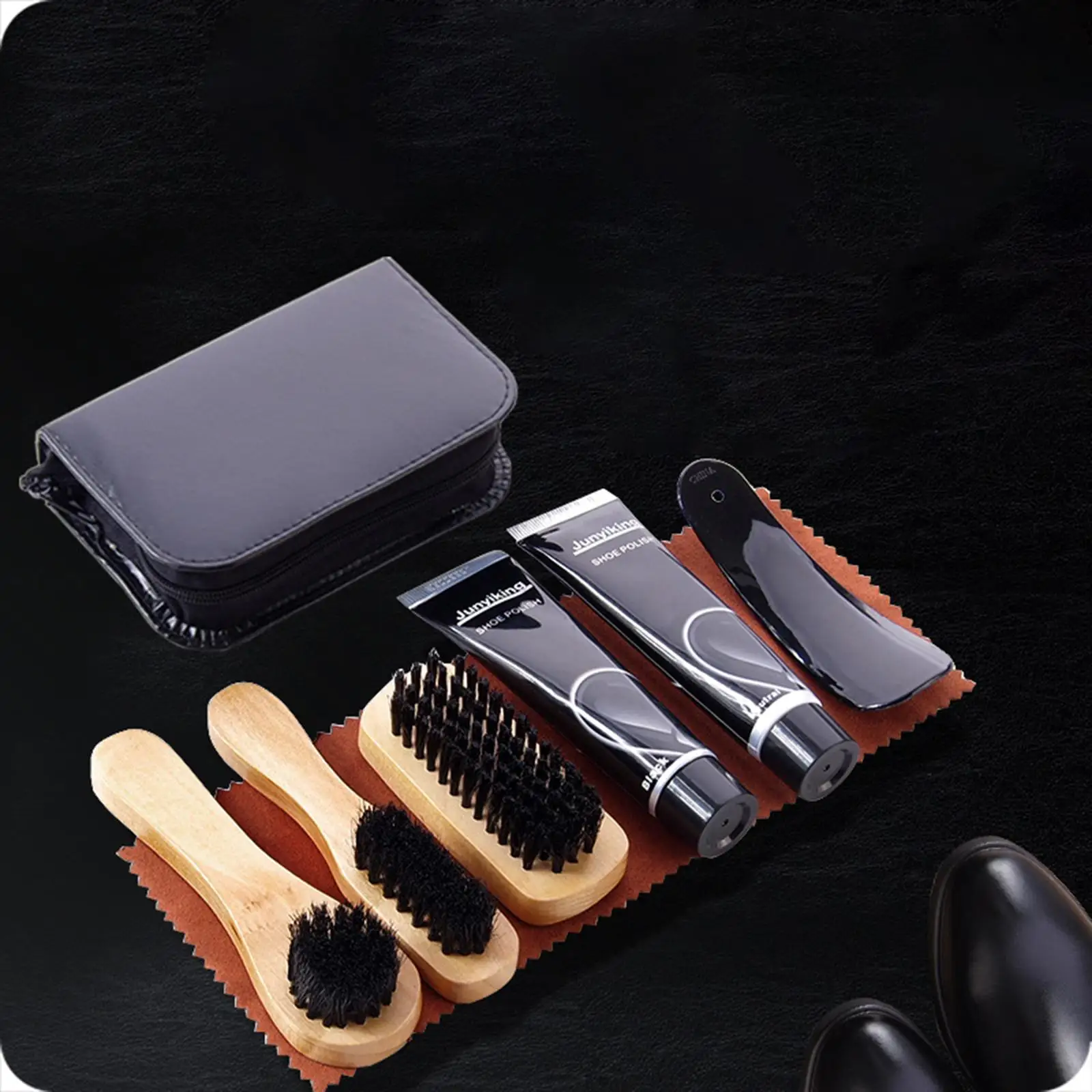 Shoe Care Cleaning Kit Professional 8 Piece Set with Brushes Cloth Shoehorn Neutral and Black Cream for Leather