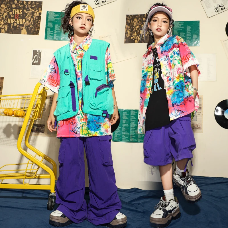 Kids Vintage Print Shirt e Street Wear Vestuário, Meninas, Meninos, Tops, Carga, Roxo, Calças Hip Hop, Criança, Roupas de dança Jazz