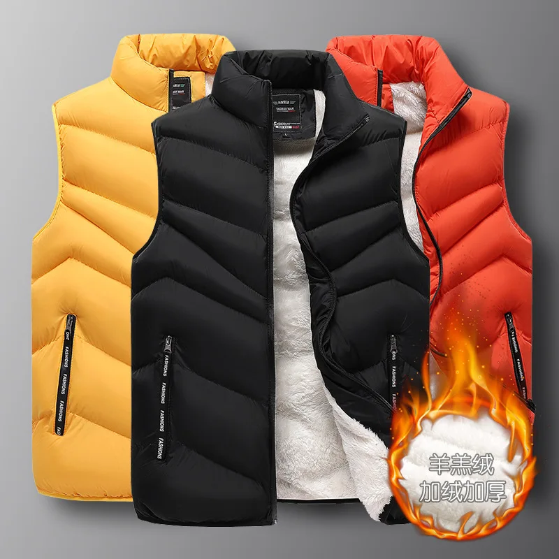 

Cotton Waistcoat Jacket Men's Autumn Winter New Solid Color Male Vest Pocket Warm Sleeveless Parka Loose Simple Commuting Black
