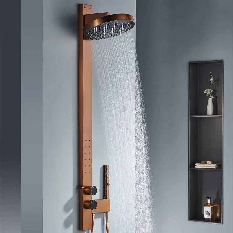2026 Gran Venta Conjunto de Ducha Termostático de Latón para Baño con Efecto Cascada y Lluvia, Triple Grifo, Acabado Cepillado, Panel con Barra Deslizante, Montaje en Pared
