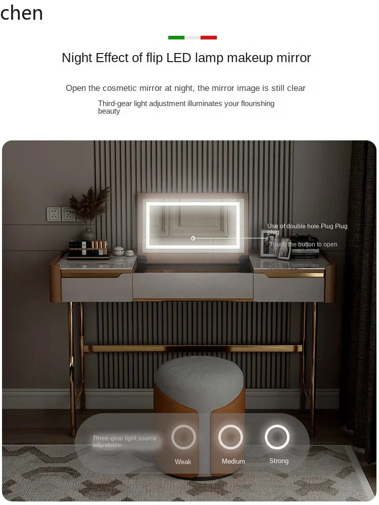 Light Luxury Stone Plate Flip Dressing Table Mirror with Light Desk Integrated