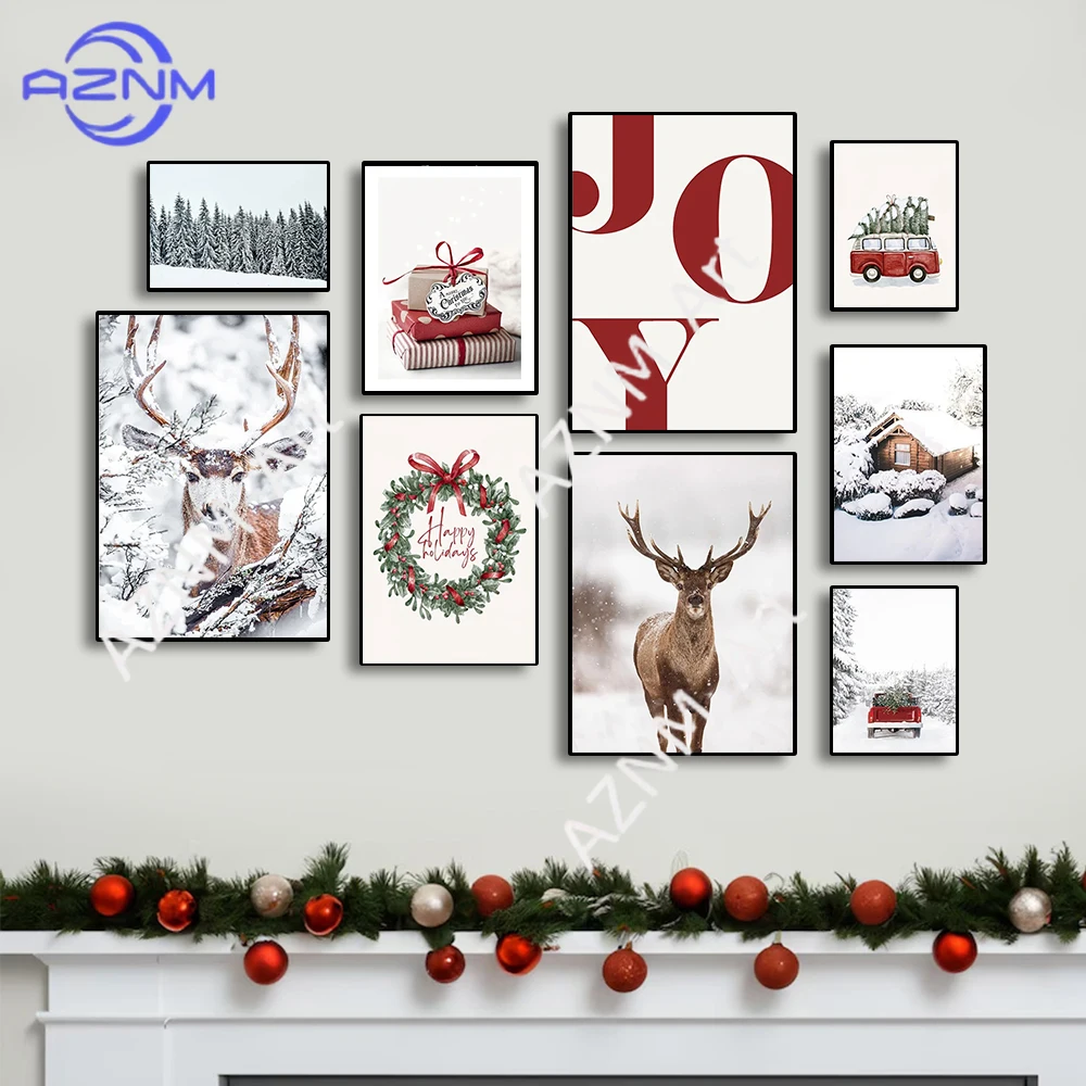 

Рождественский постер с оленями и снежным пейзажем, художественные принты на холсте, настенные картины из орехового дерева, рождественские настенные постеры, декор для гостиной, подарок