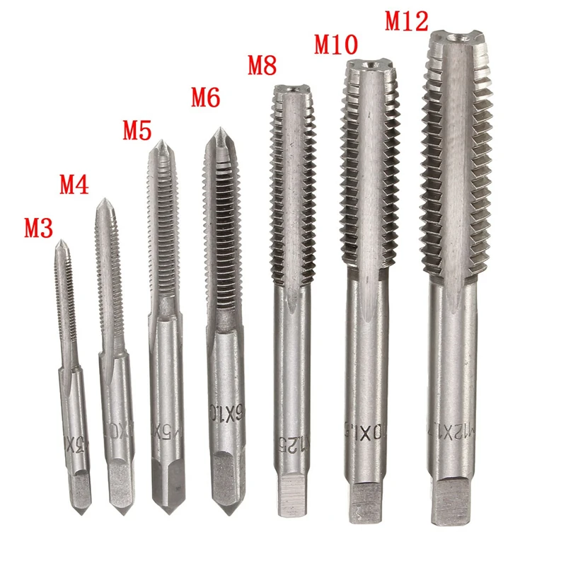 7Pcs Screw Thread Tap Set M3 M4 M5 M6 M8 M10 M12 HSS Straight Fluted Machine Straight Metric Plug Tap Drill Bits Set Hand Tools