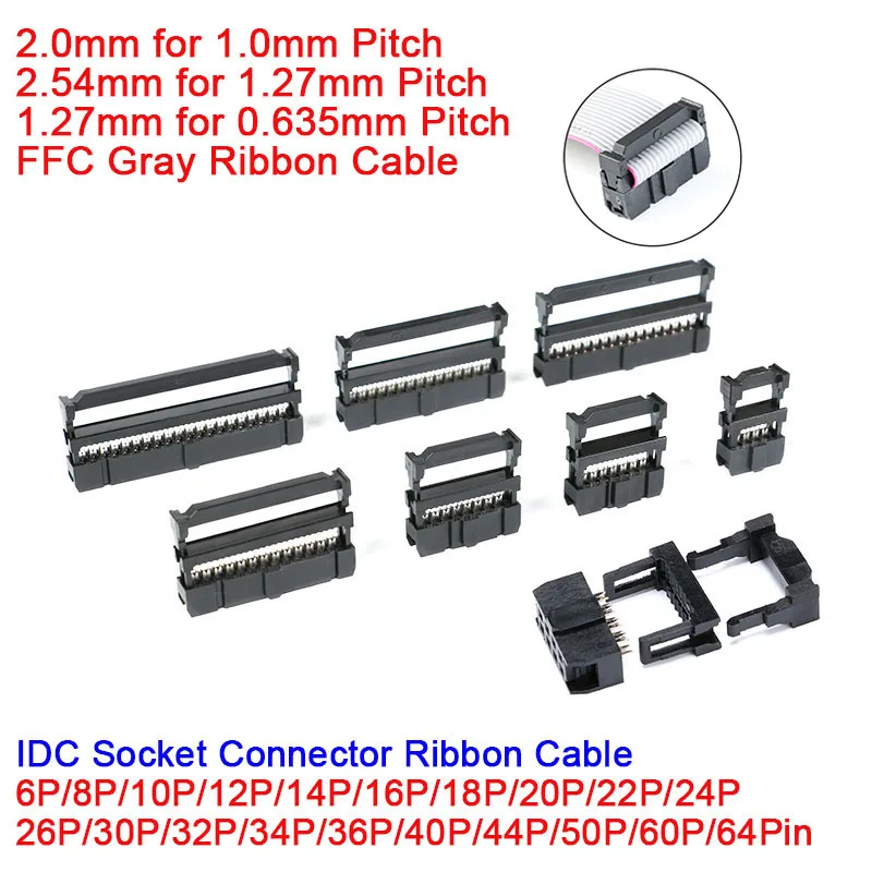 5-20Pcs 2.54MM 2.00MM 1.27MM Pitch 8 10 12 16 20 24 30 34 40 50 Pin Female FC Socket IDC Connector Gray Ribbon Cable 1.0MM Flat