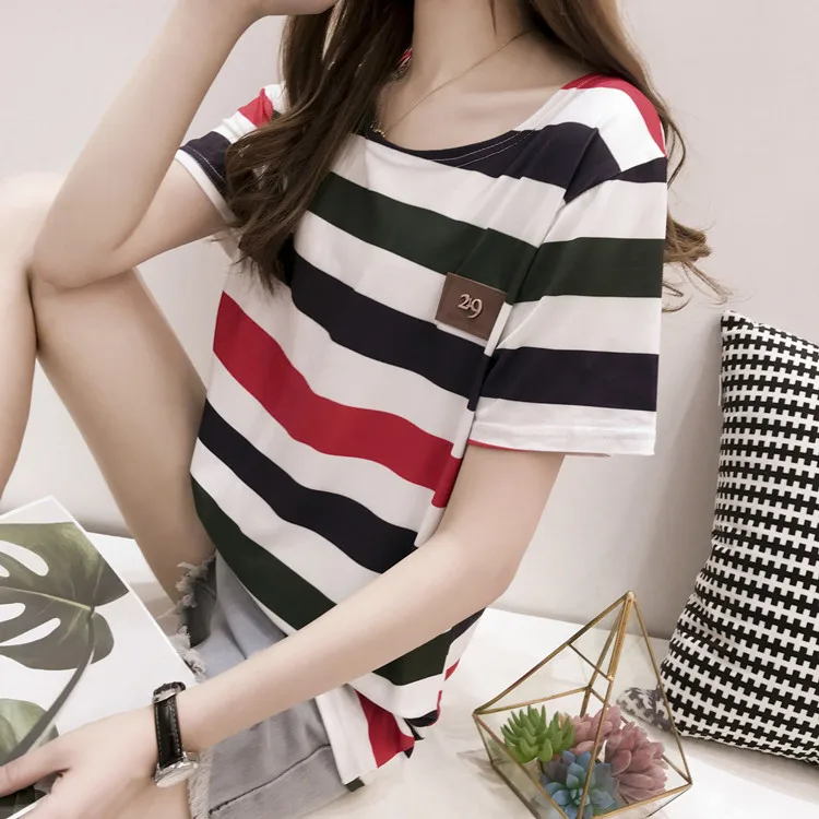 Damen Sommer-Tops T-Shirt Gestreifte Shirts Gestreifte Tees Vintage Heiße Kurzarm-T-Shirts in Übergrößen Lockere Freizeit-Tees – Detail 37