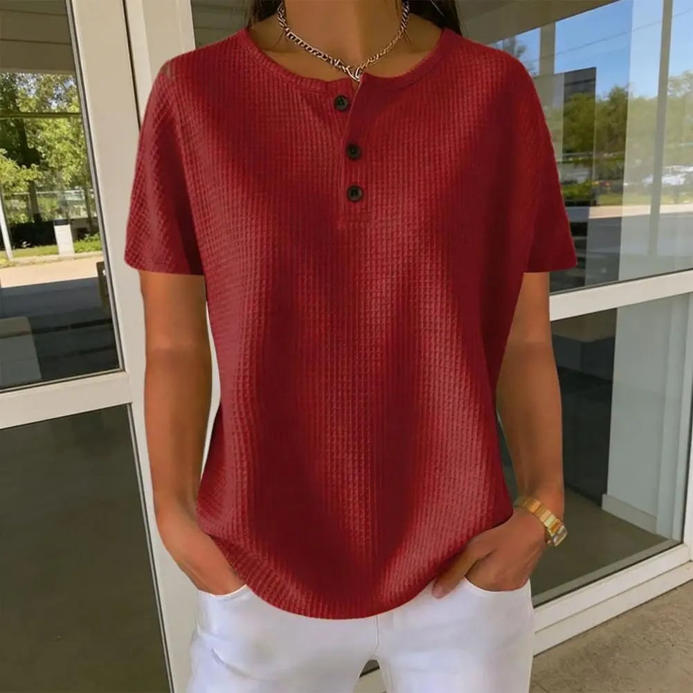 Women Tops Crew Neck Buttons Half Placket Short Sleeves Casual Pure Color Waffle Texture Summer T-shirt