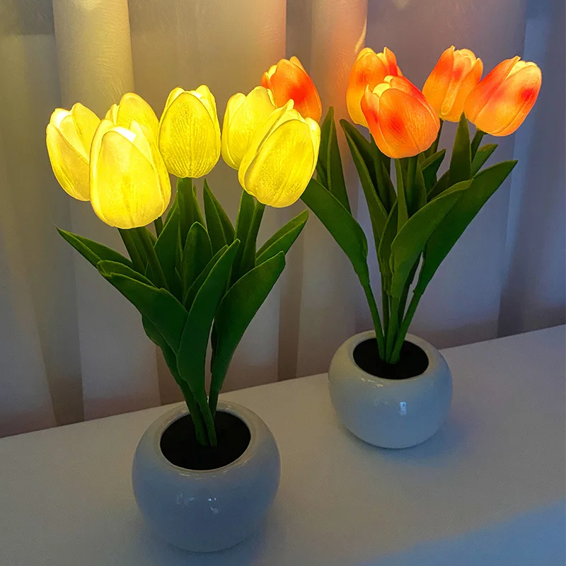 

LED Tulip Night Light Simulation Flower Table Lamp Home Decoration Atmosphere Lamp Romantic Potted Gift for Office/Room/Bar/Cafe