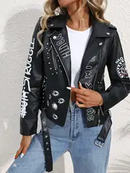 Fitaylor donna Faux PU giacca in pelle Casual Lady risvolto cerniera Graffiti stampa cappotto in pelle Moto Bike Rivet Outwear