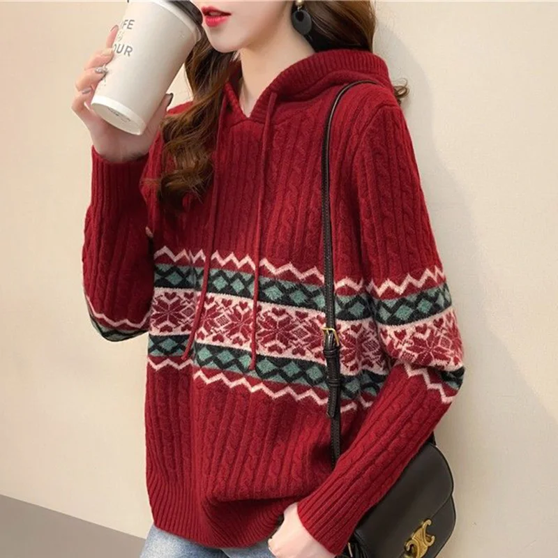 

Fashion Hooded Knitted Spliced Loose Casual Sweaters Female Clothing 2023 Autumn New All-match Pullovers Commute Tops