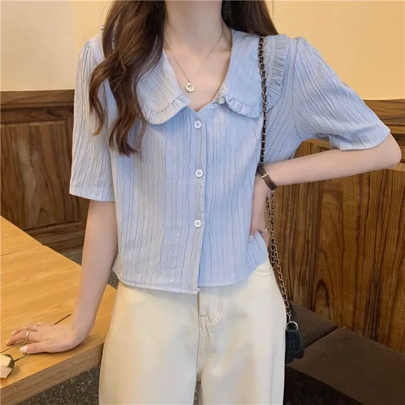 Button Shirts and Blouses Korea Short Sleeve Top Women 2024 Summer Sweet Blouses Elegant Solid Sweet Peter Pan Collar Clothes