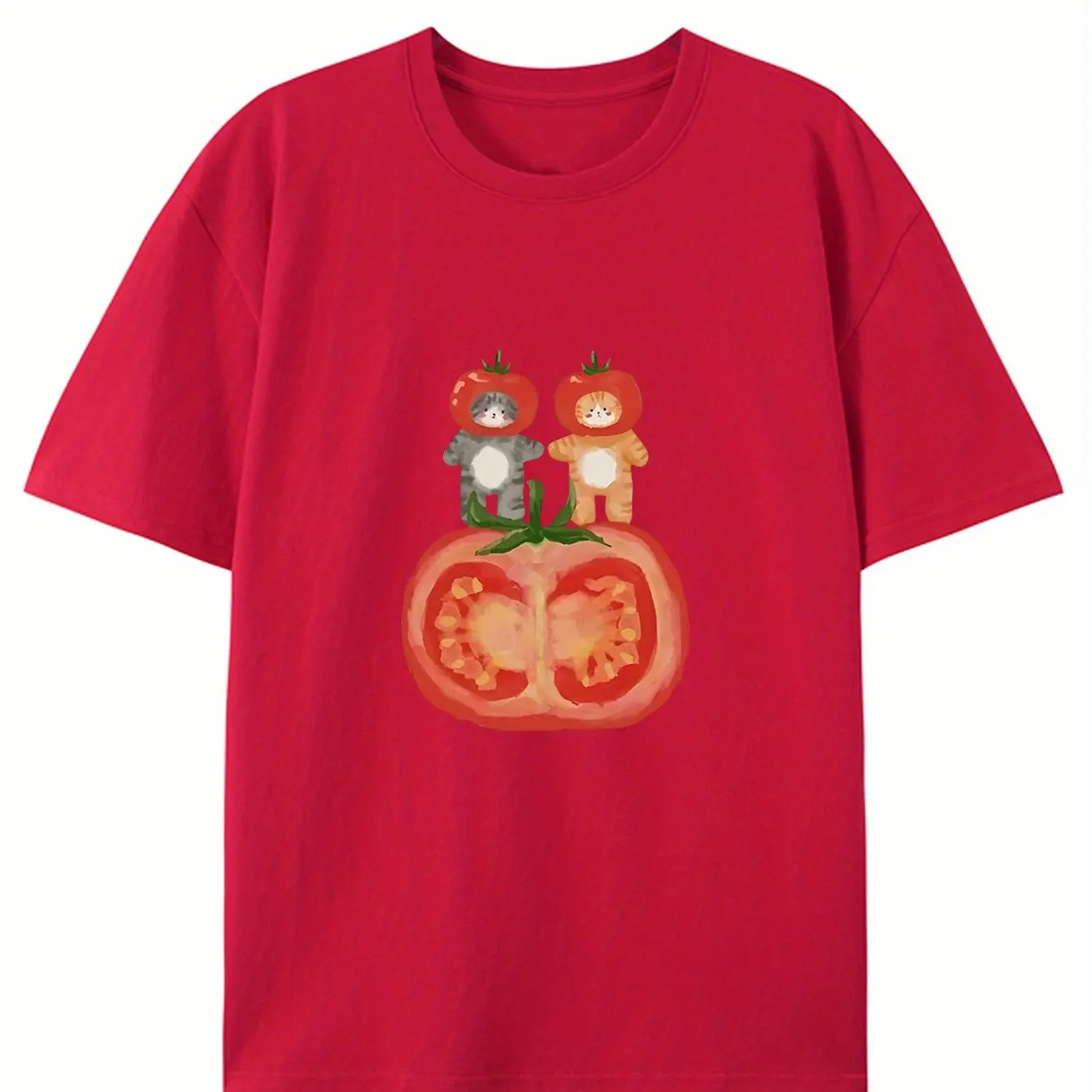 Zomer Dames Grillige Beer & Tomaat Cartoon Grafisch Bedrukt T-shirt Katoen Casual T-shirt met korte mouwen Ronde hals Paar Top