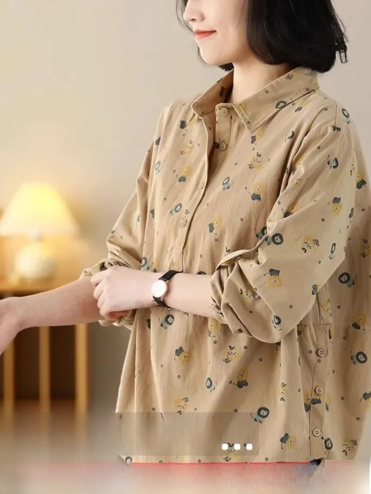 

Faionable Printed Turn-down Collar Loose Cotton Top for Women Age-defng Versatile Autumn irt Comfortable Cotton Material