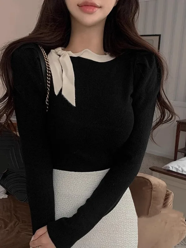 Version 2024 Autumn/winter Korean New Bow Lace Up Collar Long Sleeve Pullover Women Cinching Waist Solid Slim Casual Top YY1B