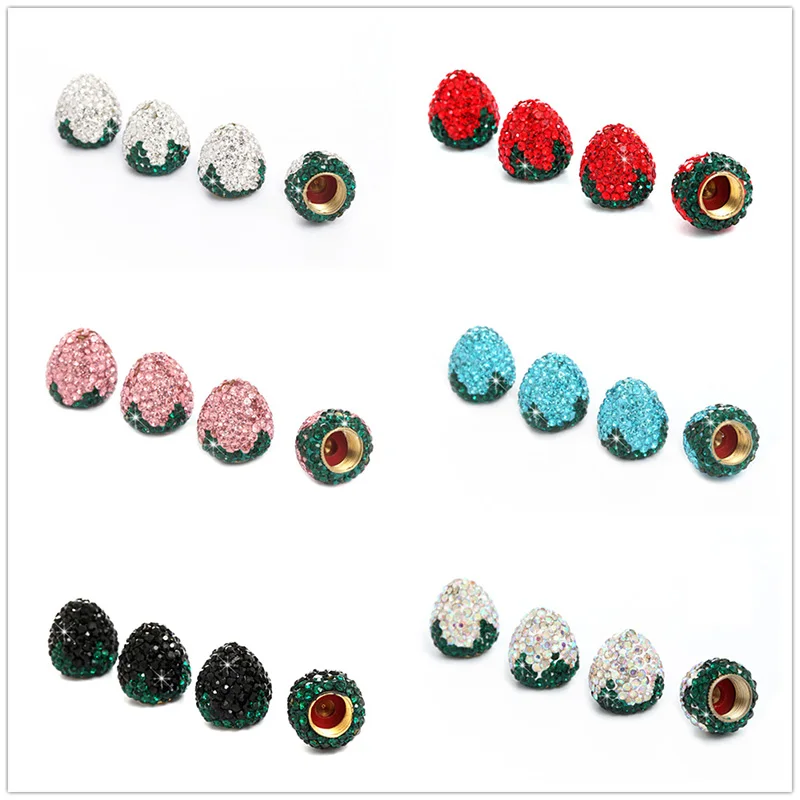 4Pcs Creative Strawberry Crystal Car Tire Valve Caps Diamond Dust-proof Wheel Caps Bling Car Charms Decor Auto Accessories Gift