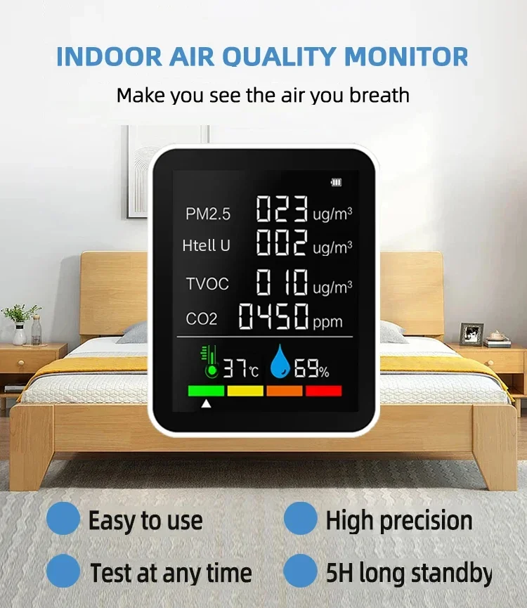 6 In 1 PPM 2.5 Infrared Sensor Detector Formaldehyde Detection TVOC Detector Temperature And Humidity CO2 Air Quality Detector