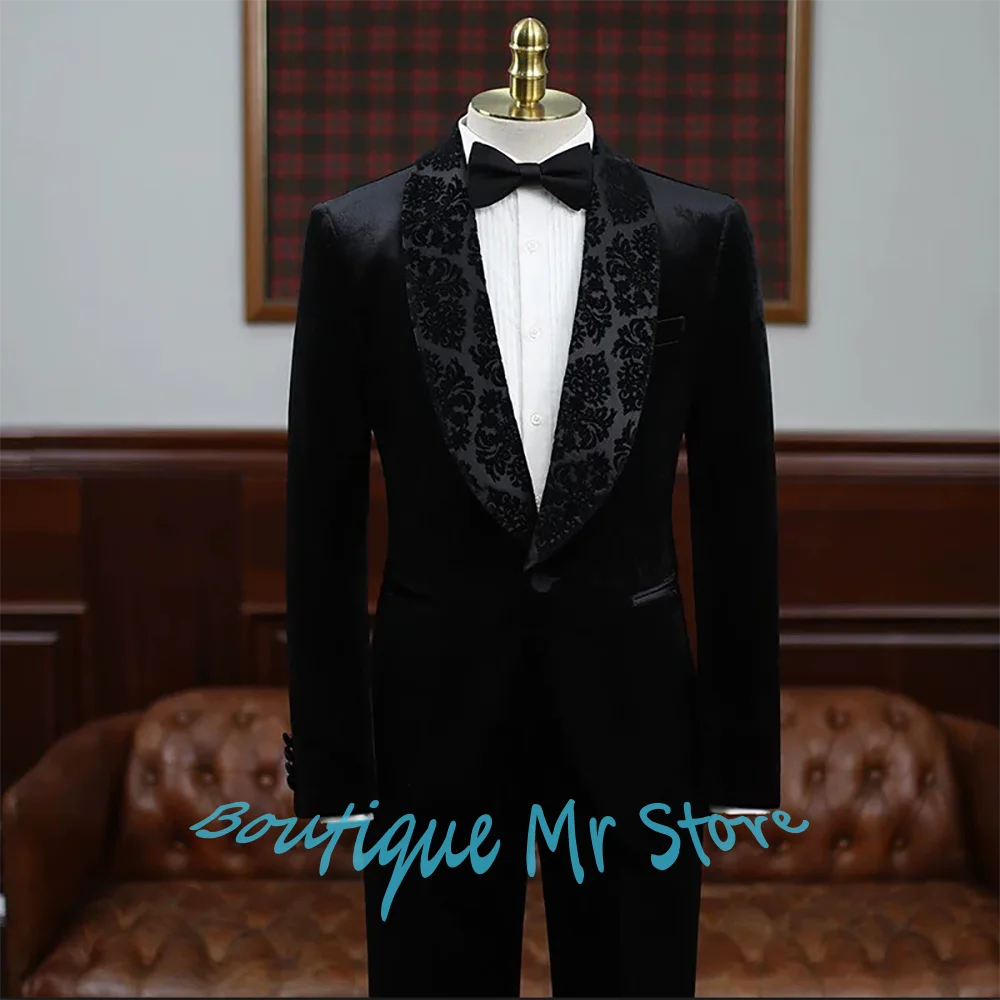 

Luxury Men's Black Velvet Suits with Black Jacquard Shawl Lapel 2Piece(Jacket+Pants) Set Formal Groom Blazer Elegant Male Outfit