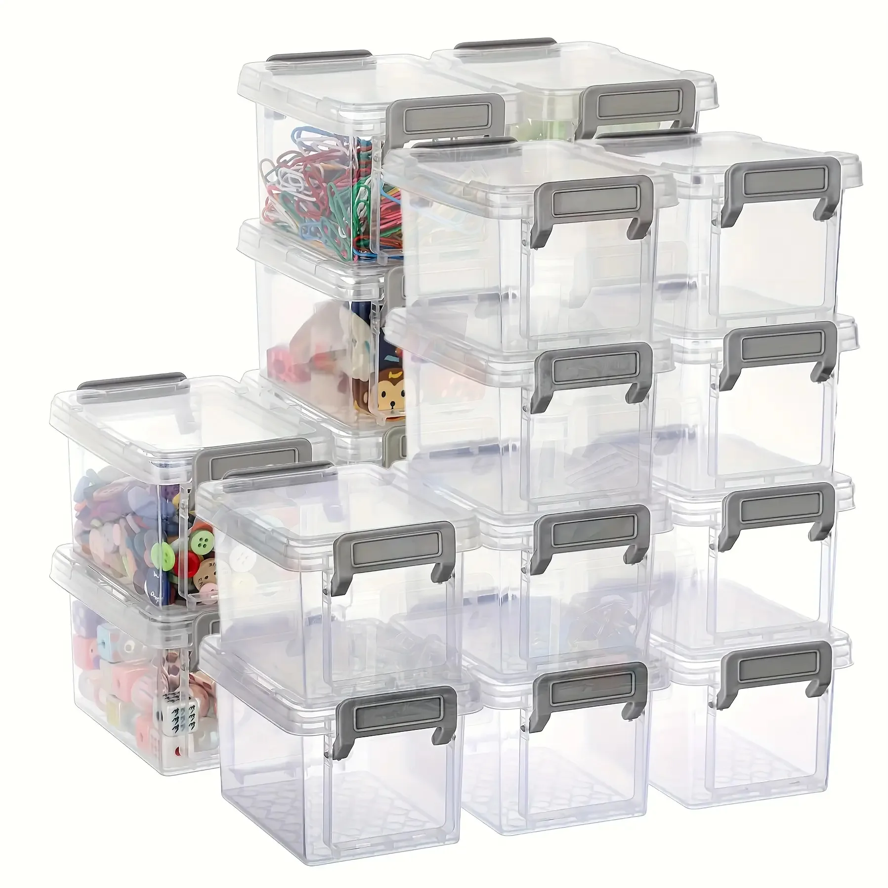 A 6-piece set of transparent plastic storage boxes, featuring a specially designed gray stable buckle ring and a stackable small