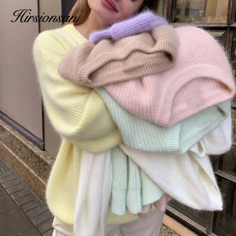 Hirsionsan Soft Loose Knitted Cashmere Sweaters Women 2023 New Winter Loose Solid Female Pullovers Warm Basic Knitwear Jumper