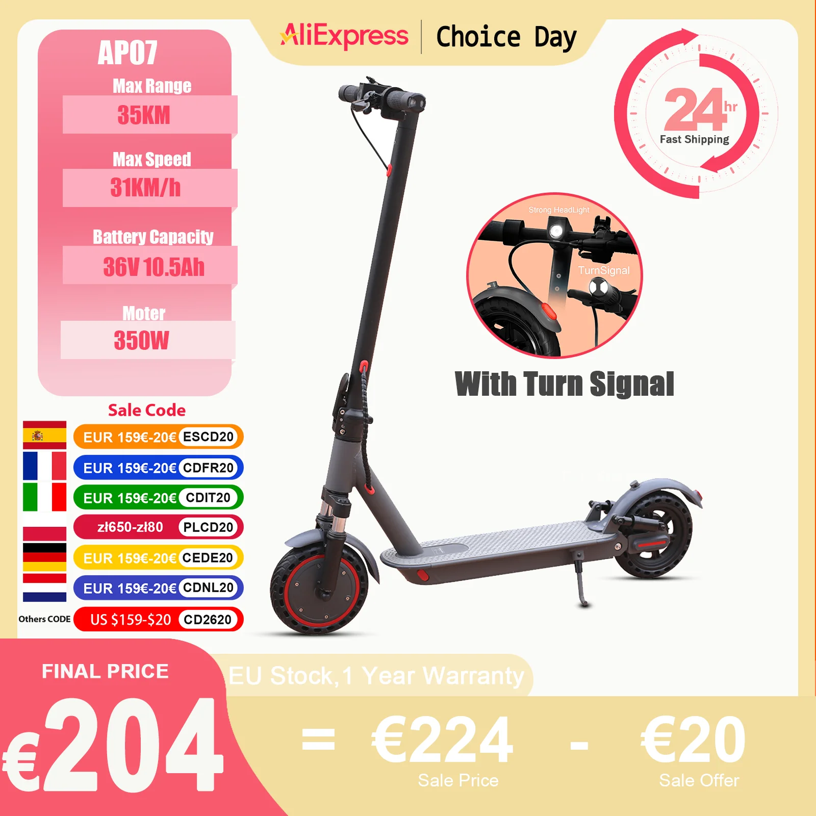 JUICEASE AP07 Scooter elettrico 600W Motore potente 36V 10.5AH 35KM A lungo raggio con luci di