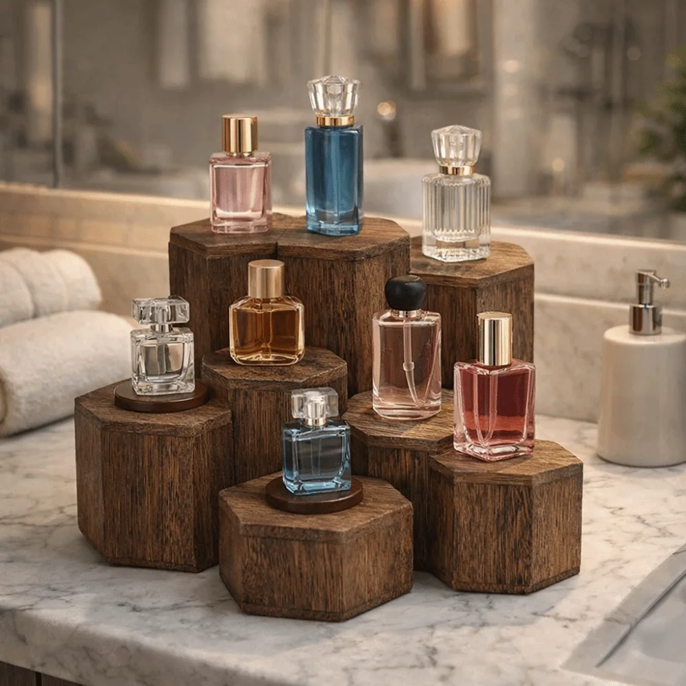 6pcs/set Wooden Hexagon Display Stand Vintage Style Show Shelf Jewelry Display Stand Decorative Model Display Shelf