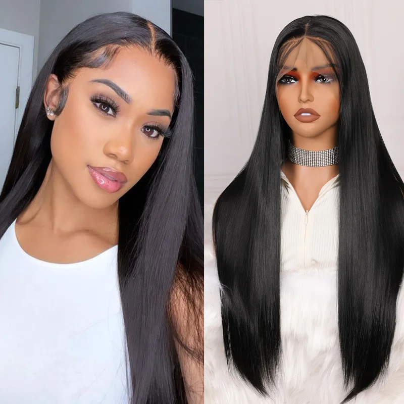 Black Color Long SilkyStraight Soft 26“180Density Lace Front Wig For Women BabyHair Glueless Preplucked Heat Resistant Daily Wig