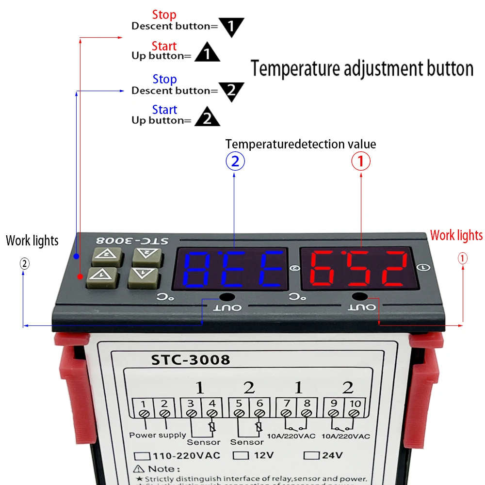 STC-3008 Dual Digital Temperature Controller Two Relay Output Thermostat Heater with Probe 12V 24V 220V Home Fridge Cool Heat