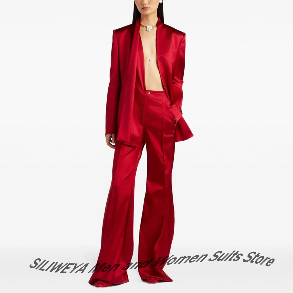 أنيقة المرأة الساتان الأحمر دعوى زر واحد السترة بانت 2 قطعة مجموعات رسمية مساء مأدبة حفل زفاف ضيف ملابس خارجية #1