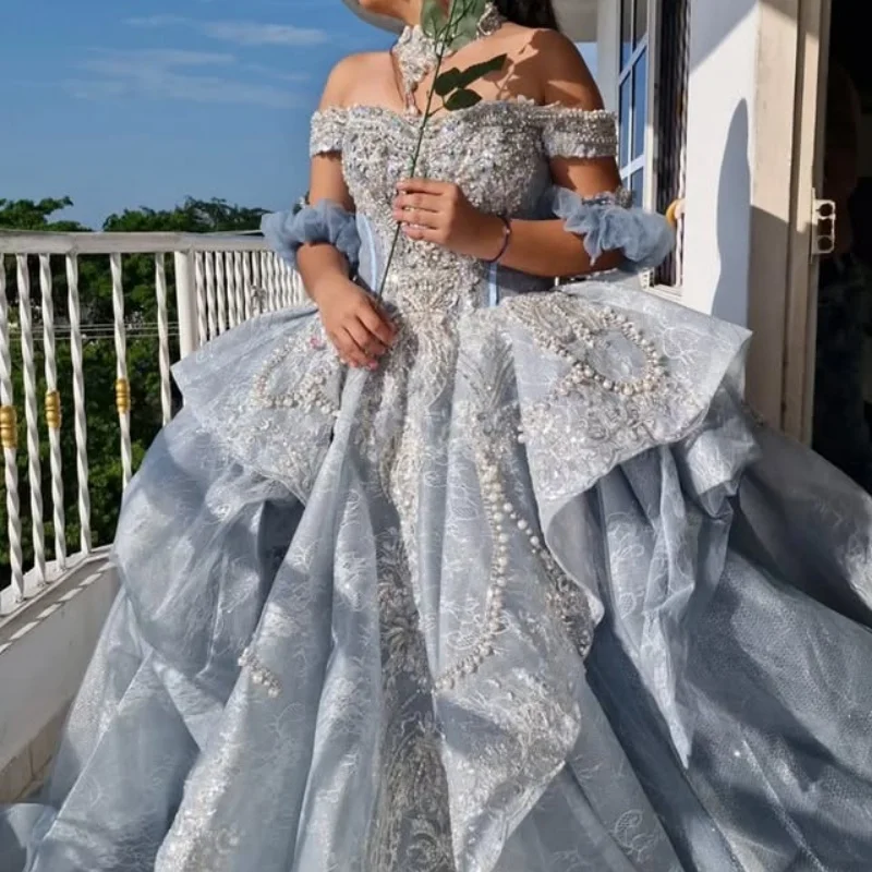 

Customized Shiny Water blue Quinceanera Dresses Off the Shoulder sequin applique pearl Long tail Bow Vestido 15 Quinceanera