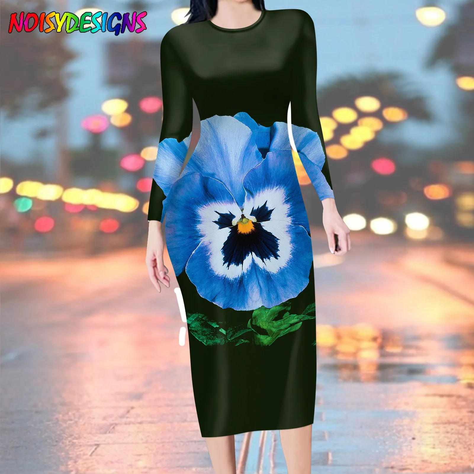 NOISYDESIGNS 2024 Autumn Women Bodycon Maxi Dress Long Sleeve Pansy Flowers Printing Dresses Fashion Casual Female Vestido Femme