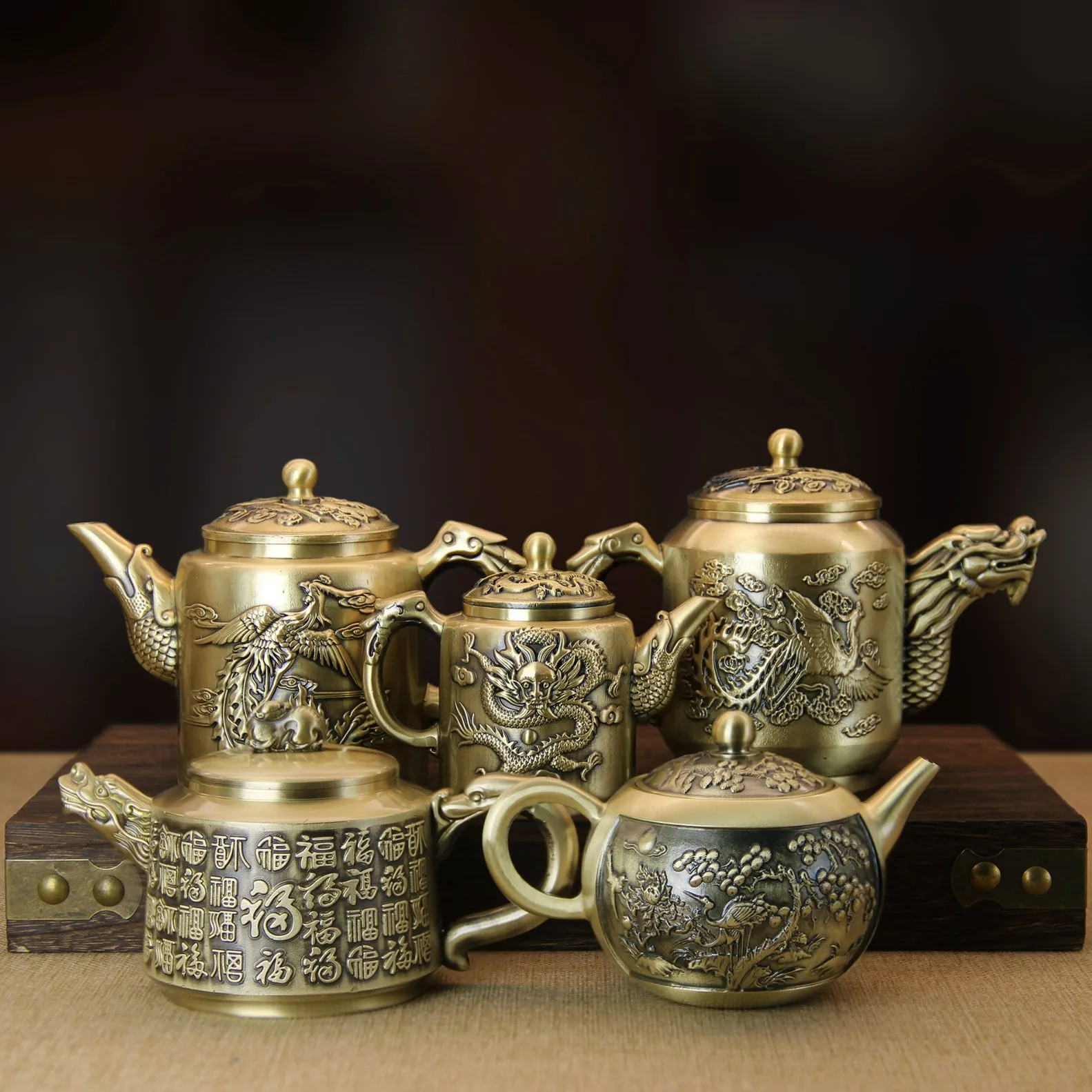 Dragon Phoenix Brass Teapot, Antique Brushed Finish Coin Pot, Traditional Chinese Home Decor, Collectible Artisan Craft