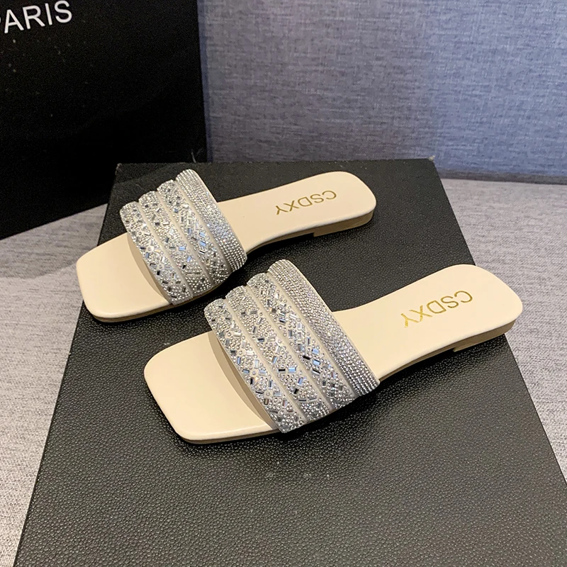 

Women Bling Rhinestone Decor Slide Sandals Summer Fashion Casual Outdoor Office Party Elegant Sexy 2026 New Light Flats Beige