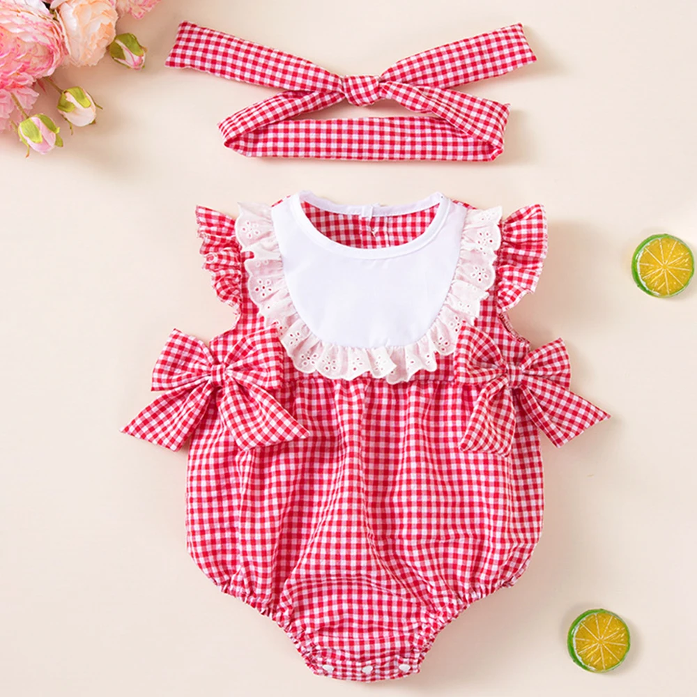 

Красный комбинезон-платье для девочки с кружевом и клетчатым узором, комплект с повязкой на голову, летний комбинезон-платье с двойными бантами, милая летняя одежда для малышек